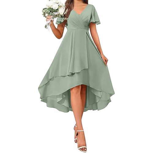 Women's Chiffon Short Sleeve Midi Dress Flowy A-Line V Neck Wrap ...