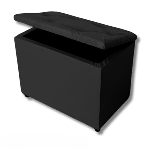 Baú Retangular Banquinho Suede e Corino Decorativo Guarda Objetos Organizador Puff Pufe sala，puff quarto(Preto Corino)
