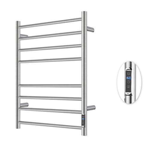 BLARALA Heated Towel Racks for Bathroom, Wall Mounted Electric Towel Warmer Racks with Timer & Temperature Control, 8 Bar Stainless Steel Towel Heater for Bathroom, Brushed Silver, Plug-in