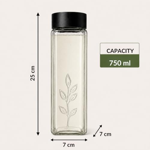 Image of Ash & Roh Square Glass Water Bottle with Lid, Transparent Wide Mouth Juice Bottle for Fridge, Office, School & Everyday Hydration Reusable for Daily Use