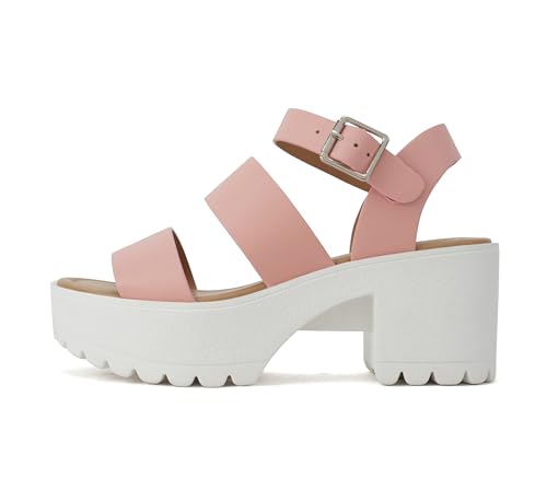 Image of Soda ACCOUNT ~ Women Open Toe Two Bands Lug sole Fashion Block Heel Sandals with Adjustable Ankle Strap