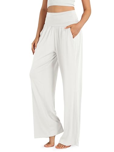 Image of ODODOS Women's Wide Leg Palazzo Lounge Pants with Pockets Light Weight Loose Comfy Casual Pajama Pants-28 inseam, Off White, Large