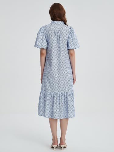 Image of Summer Floral Midi Dress for Women Spring Puff Short Sleeve Button Down Flowy Boho Dresses