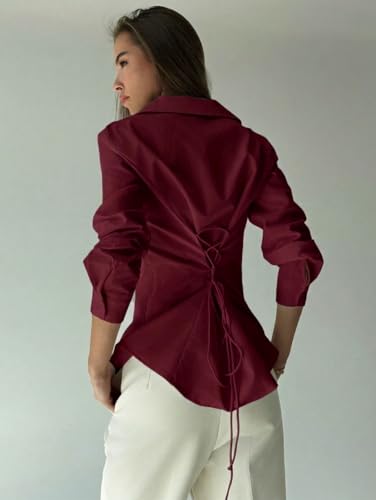 Image of OOMPH! Women Solid Cotton Shirt with Back Tie-Up Detail | Corset Style | Cinched Waist Shirt | Cotton Formal Shirt
