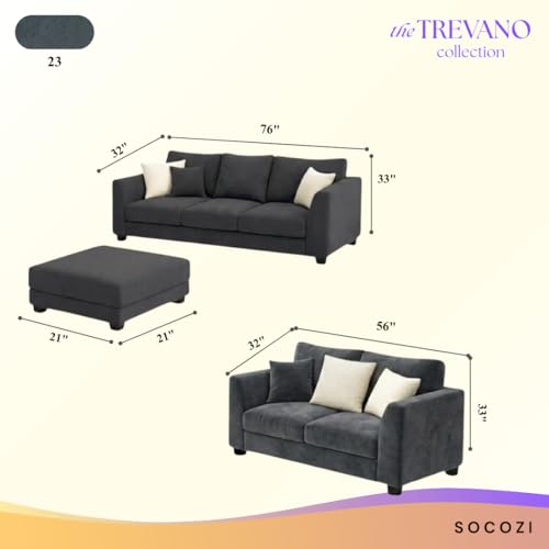 Image of SOCOZI Trevano 5 Seater Sofa Set with Ottoman (3 Seater + 2 Seater + Ottoman) | Soft Velvet Suede Fabric | Plush Comfort Cushions for Living Room (Dark Grey)