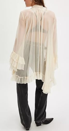 Seyumixi Women Long Bell Sleeve Frill Top See Through Sheer Mesh Blouse High Low Hem Ruffled Sexy Flowy Tops Shawl Shirt2