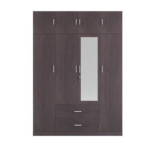 Image of VIKI Wardrobe | Wooden Almirah for Clothes,Door for Bedroom with Loft, 4 Door Wardrobe with Drawer, Mirror & Hanging Space (Dark Wenge - 40D x 160W x 220H) | 1 Year Warranty | Free Assembly