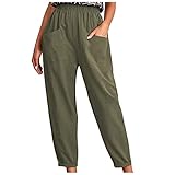 Damen Baumwolle Leinen Viertelhose Elastische Taille Freizeithose Tasche FF688, armee-grün, Medium