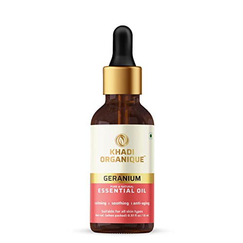 Image of Khadi Organique Pure Geranium Essential Oil for Massage, Relaxation & Aromatherapy | Natural Floral Oil for Diffusers, Meditation, Skin & Hair Care | Helps to Reduce Acne, Dandruff & Stress | 15ml