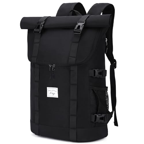 Kasgo Mochila Hombre Mochila Mujer, Enrollable Mochila Ordenador Portatil 15.6' Impermeable Vintage Mochila 26-33L Universidad Rolltop Mochilas Escolar Mochila Casual para Viajes Trabajo, Negro