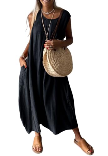 Image of chouyatou Women's Summer Sleeveless Linen Tank Dress Casual Loose A-Line Midi Long Beach Dress