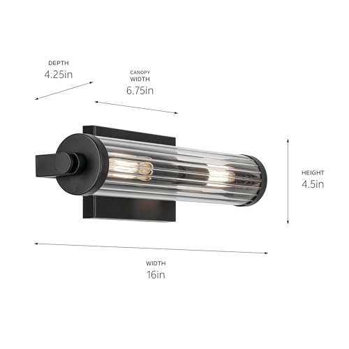 Image of KICHLER Azores 16 inch 2-Light Wall Sconce, Vintage Industrial Light with Clear Fluted Glass in Black, for Hallways, Bathroom, Laundry Room, or Kitchen (16 inch x 4.5 inch), 45648BK