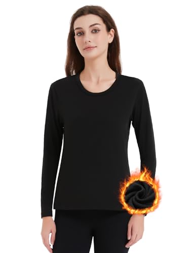 Soudittur Camiseta Térmica Mujer Manga Larga Interior Thermal Top con Forro Polar Camisetas de Capas Base Layers para Invierno (FR/ES, Letras, L, Regular, Regular, Negro)