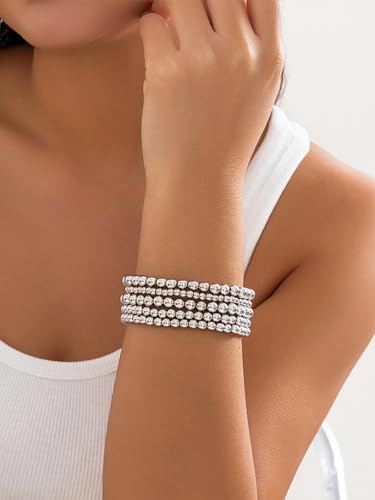 5Pcs Gold Beaded Bracelets 14K Gold Bracelets for Women Bracelet Stack Trendy Stretch Bead Bracelets Silver Bead Bracelet Dainty Jewelry for Women3