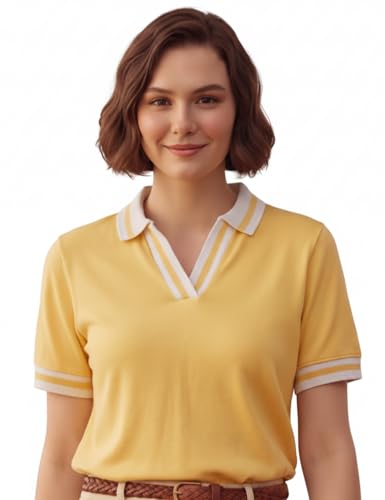 Image of FYLTR Women's Modern V-Neck Striper Collar Solid Polo T-Shirt - Contrast Tipping Details | Regular Fit | T-Shirts for Women | Open Placket