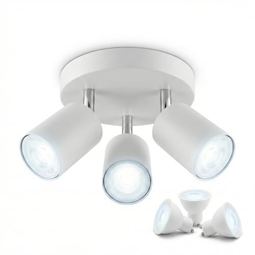 Yiahin Plafonnier Spots Orientables LED Blanc, Luminaire Plafond 3 Spots Design Moderne, 3 Ampoules GU10 5W Blanc Froid 6000K Incluses (Remplaçables),...