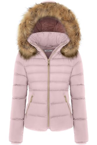 BodiLove Women's Winter Quilted Puffer Short Coat Jacket with Removable Faux Fur Hood and Zipper Lilac L