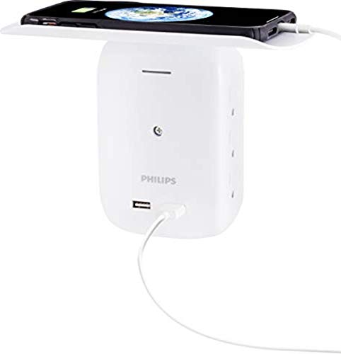 Philips 6 Outlet 2 USB Surge Protector, Side Access Adapter, Wall Tap, Removable Device Shelf, Charging Station, Protected Indicator Light, 450J, 2.4A, 12W, White, SPS6024WA/37, 1 Pack