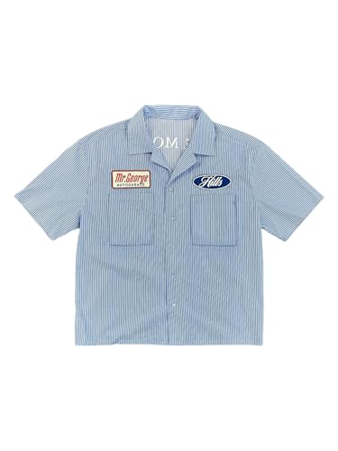 GORGLITTER Men's Cropped T Shirt Striped Button Up Letter Short Sleeve Collar Boxy Crop Tops