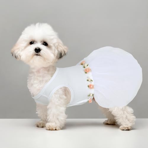 Image of CuteBone White Tulle Skirt Dog Wedding Bridesmaid Dress for Puppy with Lace Trim at Waist - Comfortable, Stylish, and Perfect for Special Occasions HBQ05XS