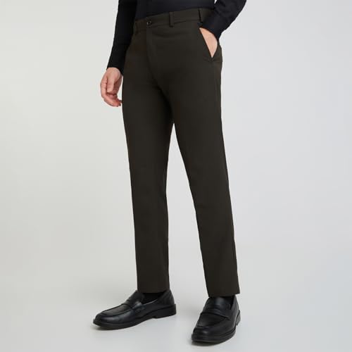 Image of Raymond Men's Slim Fit Mid Rise Solid Pattern Polyester Viscose Blend Flat Front Trouser
