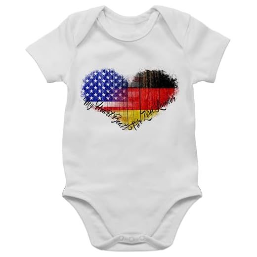 beVintage Flaggen - Deutsch-Amerikanische-Flagge-Herz - 3/6 Monate - Grau meliert - Strampler amerikanische Flagge - BZ10 - Baby Kurzarm Body Strampler