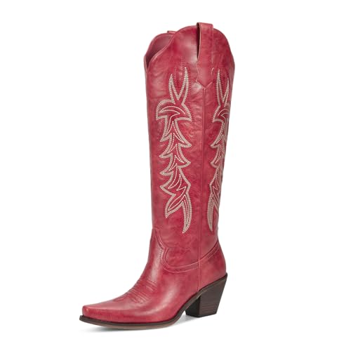Image of wetkiss Women's Pointed Toe Cowboy Boots | Knee High Cowgirl Boots, Retro Embroidery, Chunky Heel, Pull-On, Style for a Classic Western Look,Stable and Comfortable