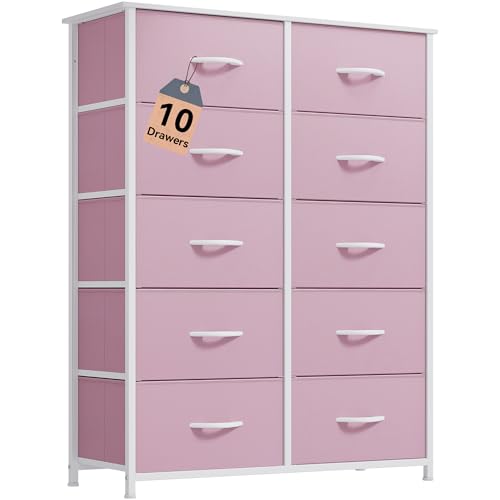 DWVO 10 Drawer Dresser - Fabric Storage Tower, Tall Chest Organizer Unit for Room, Living Room, Hallway, Closets - Sturdy Steel Frame, Wooden Top & Easy Pull Fabric Bins, Pink