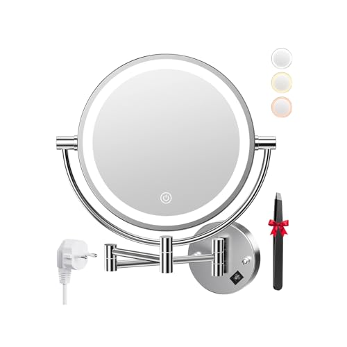 Auxmir Espejo Maquillaje con Luz Pared, Aumento 1X/30X Doble Cara Giratorio 360, Espejo Baño Extensible Táctil con Enchufe, 3 Colores Brillo Regulable, para Hotel, SPA, Plata