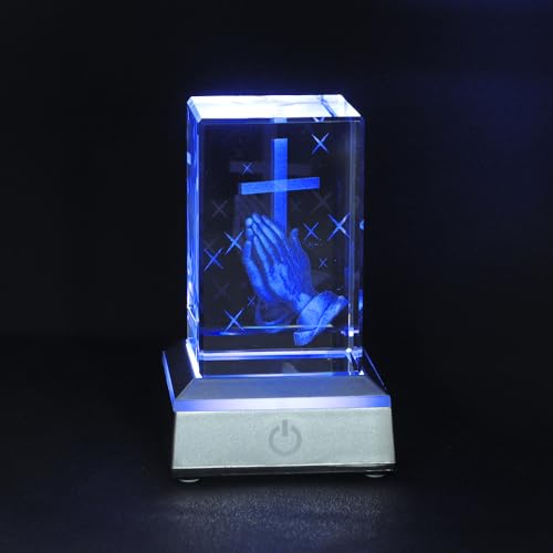 KOMI 3D Crystal Figurine Statue with LED Light Base, Laser Engraved Praying Hand Cross Statues Religious Gifts for Women Men, Night Light for Bedroom, Christian Catholic Gifts