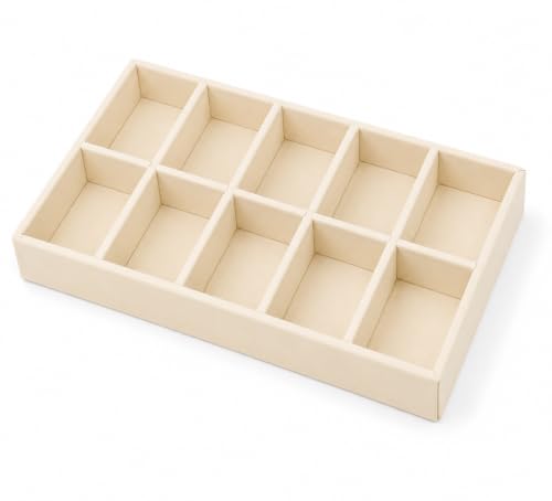 Image of 10 Slot Tie Organizer Tray for Ties and Accessories, Cream | Closet drawer storage tray with dividers for ties, pocket squares, belts, watches and small mens accessories arranged neatly