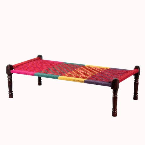 Image of Solid Sheesham Wood Charpai Khat | Handcrafted Daybed Khatiya Charpai with Cotton Rope | Traditional Khat Bed Wooden Diwan Cot for Living Room | 6X3 Feet | Colorful 009 (Red-Multi)