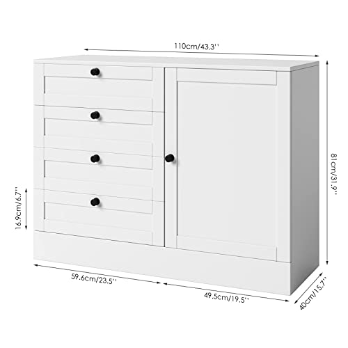 Hostack 4 Drawer Dresser With Door, Wide Chest Of Drawers Closet Organizers, Modern Storage Cabinet For Bedroom, Living Room, Kitchen, White, 43.3" L X 15.7" D X 31.9" H #TOP2