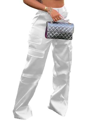 Baczoe White Pants Women Dress Wide Leg Silk Satin Pearl Cream Cargo Outfits for Club Party Night Out Outdoors (White, M)