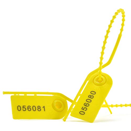 100 Pull Tight Security Seals Tamper Plastic Numbered Tags Fire Extinguisher Seal Self Locking Disposable Zip-Ties Adjustable Length for Clothes, Shoes and Bags 210mm Yellow