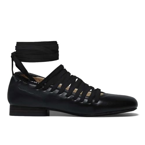 Women's Lace-Up Ballet Flats Ankle Tie Ballerina Shoes Leather Round Toe Low Heel Pumps Comfortable Soft Flat Shoes for Party Wedding Casual