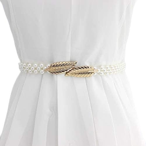 Women's Pearl Waist Chain with Golden Leaf Buckle - Stretchable Kamarband Suitable Size for Waist 24-34 inch