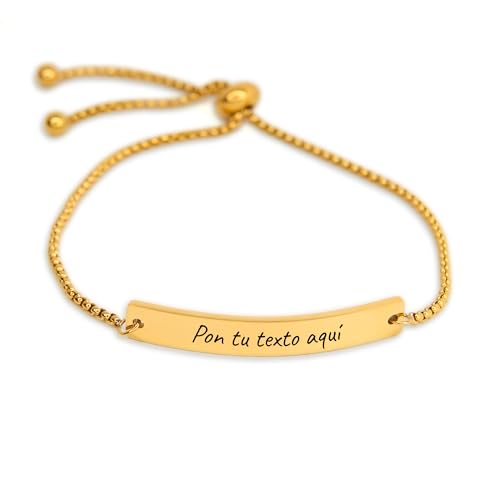 Genérico Pulsera personalizable de acero Inoxidable grabado a laser, cierre ajustable tipo bolo, elegante. regalo, novia, amiga, pareja, hermana, madre, prima, compañera, san valentín (Dorado)