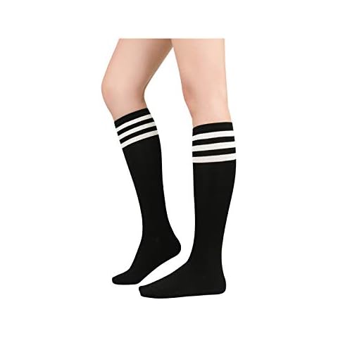 Century Star Women's Athletic Knee High Socks Thin Stripes Tube Socks High Stockings Outdoor Sport Socks 1 Pack Black White One Size Cover