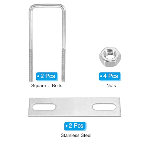 Image of PATIKIL M8x50x140mm Square U-Bolts Kit, 2Set 304 Stainless Steel Square U Shaped Bolts Replacement Parts with Frame Plates and Nuts for Ski Board Sailboat Trailer