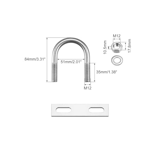 Image of uxcell Round U-Bolts, 2 Sets 51mm(2.01 inch) Inner Width 84mm Length M12 304 Stainless Steel U Clamp Bolt with Nuts Washers and Plates, for Boat Trailer
