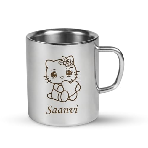 Image of SAVRI Personalized Stainless Steel Mug for Kids with Customized Name Engraved & Cartoon Design | 220 ml Double Wall Insulated Mug for School, Milk, Juice & Water