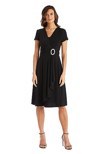 Image of R&M Richards Women's Cascade Wrap Dress with V-Neck & O-Ring Rhinestone Buckle, Work to Weekend Short Sleeve Flowy Silhouette