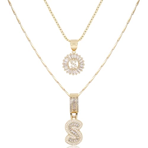 TANTIUE 14K Gold Plated Alphabet Necklace Cubic Zirconia Letter Pendant,