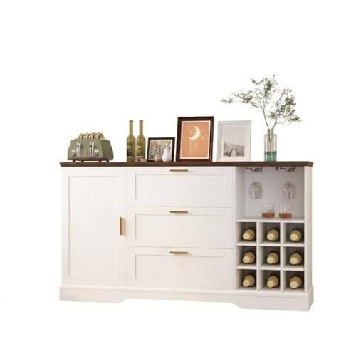 63 Inch Farmhouse Sideboard Buffet with Drawer Adjustable Shelves,Kitchen Island with Door-Back Rack for Snacks,Coffee Bar Buffet with Wine Racks Stor
