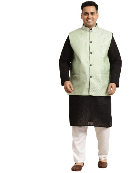 Image of SOJANYA (Since 1958) Men's Silk Blend Dark Green Kurta & Silk Blend Nehrujacket With Off White Churidar Pyjama Set