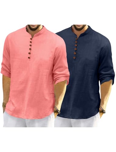 Image of Macsivo Men's Cotton Blend Kurta with Solid Band Collar Full Sleeve Button Closure Regular Fit Curved Hem Length | Kurta for Man | Combo Pack of 2