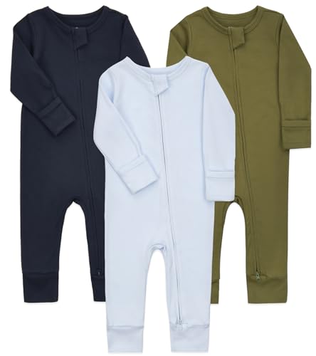Image of Aablexema Baby Cotton Footless Pajamas with Mitten, 3-pack Infant Romper Zip Up One Piece Jumpsuits Outfit