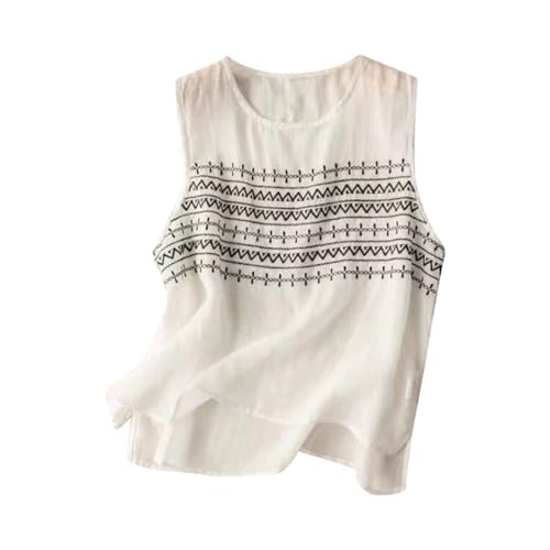 MODSGUE Algodón Lino Sin Mangas Chaleco Bordado Color Puro Boho Retro Camiseta sin Mangas Blusa Blanca Con Rayas Negras, Blanco, L