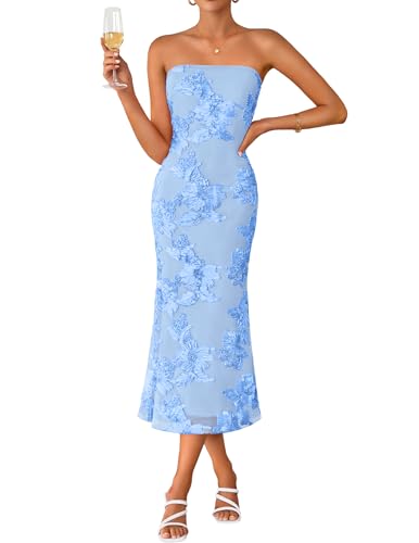 ZESICA Women's Summer Strapless Floral Midi Dress 2026 Bodycon Mesh Tube Wedding Guest Cocktail Party Long Dresses Blue Small
